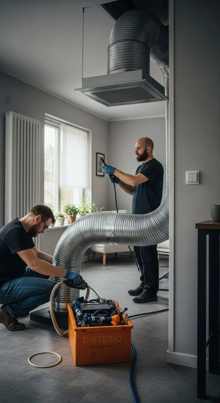 Fresh Air Quality technicians cleaning flexible air ducts in a bright home