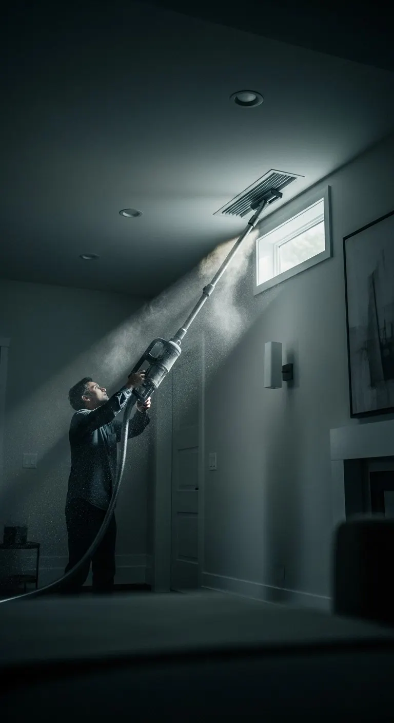 Technician cleaning a ceiling air vent